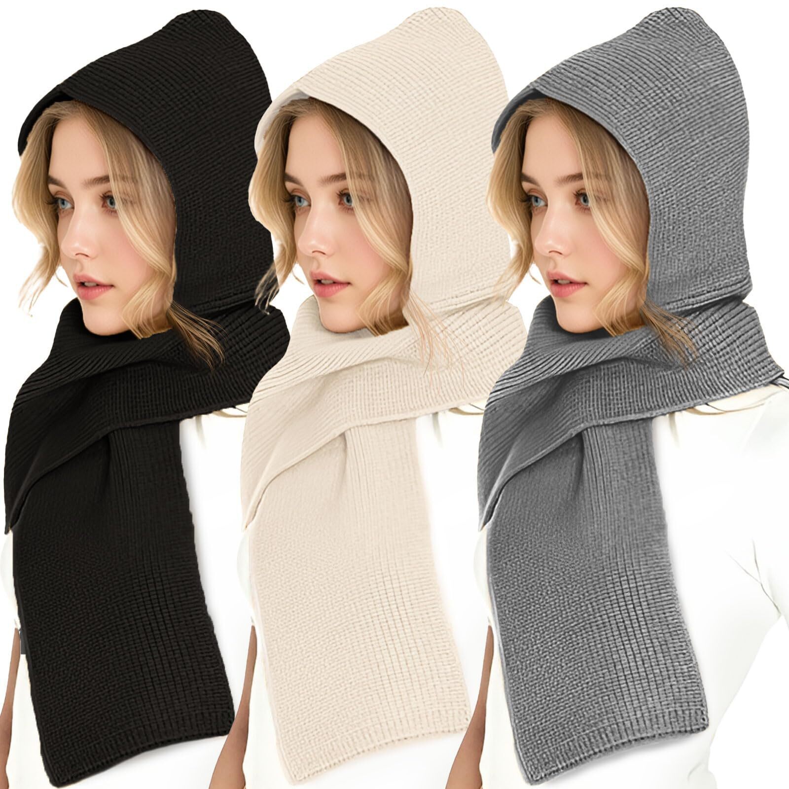 6217 3 Pcs Winter Knitted Hooded Scarf For Women Men Long Hat